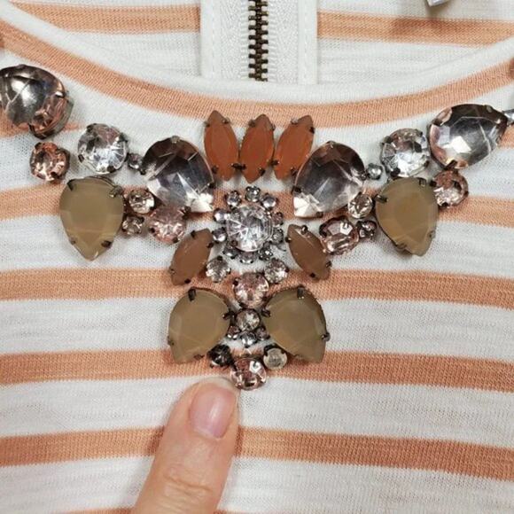 J Crew Embellished Striped Top Tan Ivory 3/4 Sleeve Women Size S Cotton - Picture 7 of 10